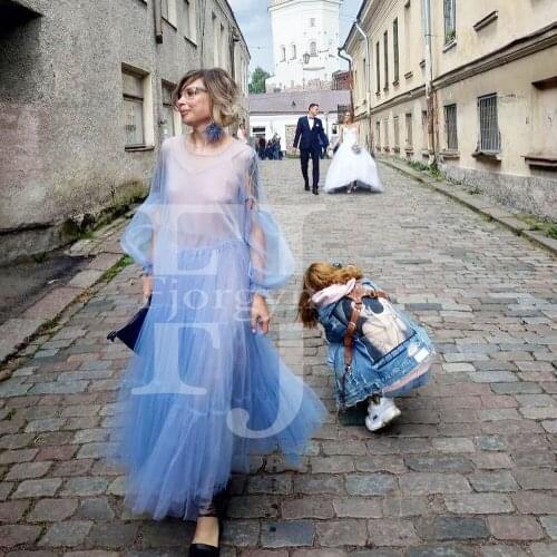 Literature and Art Style Light Blue See Through Tulle Dresses Long Sleeve Jewel Custom Made Soft Womens Casual Dress Party Wear