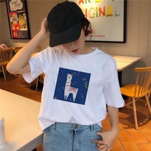 Alpaca Print T Shirt Women Summer Short Sleeve Cartoon Tshirts Oversize Korean Fashion Female Girls Clothing Harajuku Top Tees