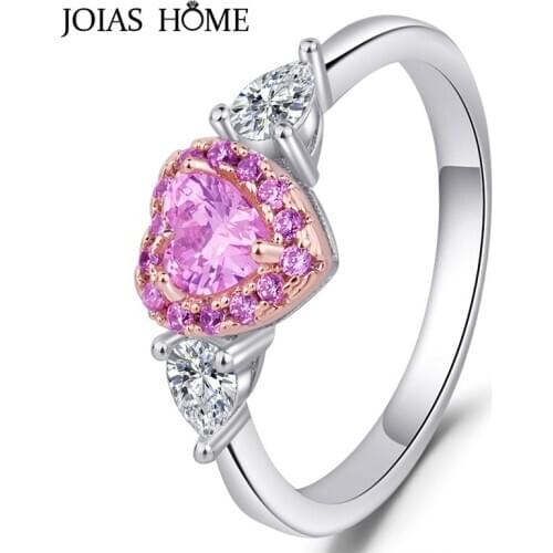 JoiasHome 925 sterling silver women ring romantic pink heart-shaped crystal female fine jewelry wedding gift size 5-10