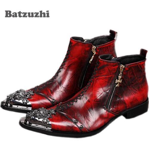 Batzuzhi Italian Style Men Shoes Metal Toe Ankle Boots Men Luxury Wine Red Gneuine Leather Party, Wedding, Runway Short Boots