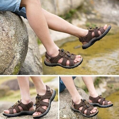 Mens Summer Hiking Comfy Leather Sandals Beach Shoes Open Toe Fisherman Flats
