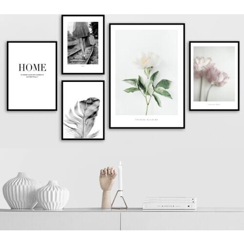 White Rose Pink Flower Feather Wall Art Canvas Painting Nordic Posters And Prints Wall Pictures For Living Room Bedroom Decor