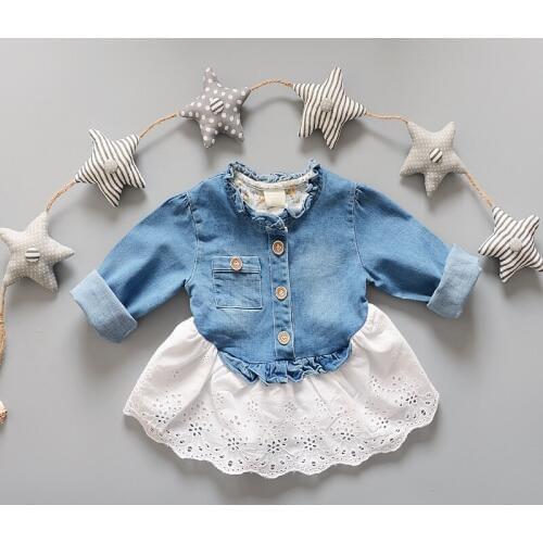 New Baby Girls Long Sleeved Denim Jacket Sweatshirts Fashion Lace Collar Denim Dress Outfits