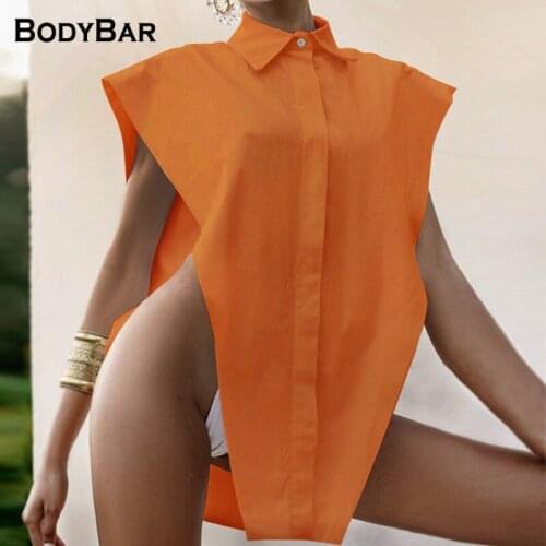 New Plus Size Casual Shirt 2021 Turndown Collar Sleeveless Button Sexy Blouse Loose Solid Irregular Hem Vintage Tops For Female