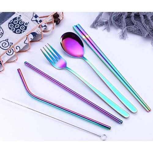 New Arrival 3/5Pcs Portable Recyclable Tableware Kit Chopsticks Spoon Straws Fork Cutlery