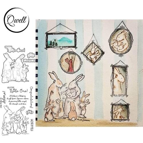 QWELL Bunnies and Little One Together Cutting Dies With Clear Stamps Congratulation Welcome Words DIY Craft Paper Cards Decor