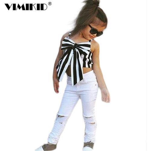 2018 Hot Girls Set Tops and Pants 2 Pieces Summer Stripes Ribbon Short Sling Fashion Hole Pants European Style Childrens Suits