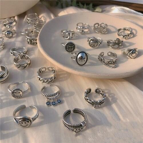 Vintage Silver Multi-layer Smiling Face Ring Handmade Opening Couple Ring Mens And Womens Birthday Party Jewelry High Quality