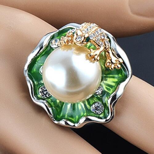 Zlxgirl jewelry imitation pearl finger rings jewelry for women party gifts cute Green frog animal gold rings jewelry every body