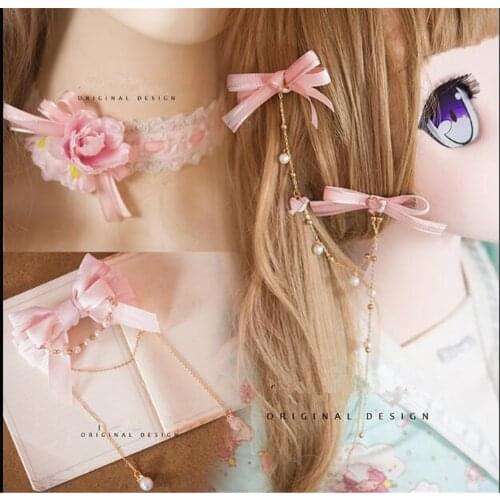 Pink ribbon Bowkot hairpin Sweet Lolita Hair side clip Cosplay Headwear accessories B1014