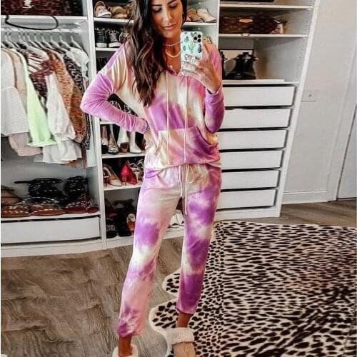 Womens Gradient Color Tie-dye Sets Leisure Suit Home Service Set Hoodie Set women home long-sleeve pajama set women sleepwear