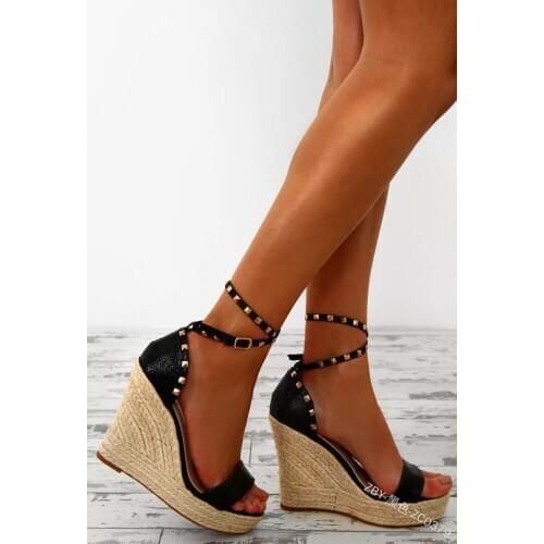 Rivet Ankle Strap Rome Gladiator Women Sandals Super High Wedges Cover Heel Solid Boho Shoes Buckle Summer Plus Size Sandals