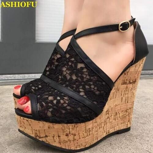 ASHIOFU New Hot Sale Ladies Wadge Heel Pumps Air-mesh Peep-toe Party Prom Dress Shoes Lace Leather Evening Fashion Court Shoes