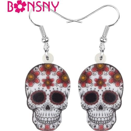 Bonsny Acrylic Halloween Skull Earrings Flower Aesthetic Long Dangle Drop Jewelry For Women Girls Kids Trendy Gift Accessories