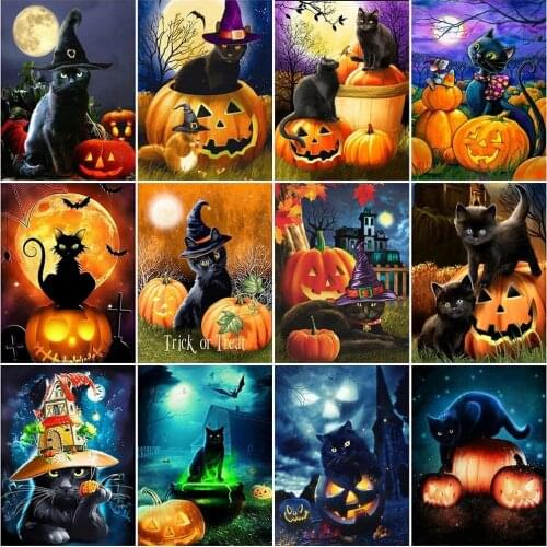 Diamond Painting Black Cat Full Square Round Handmade Gift Diamond Embroidery Animal Mosaic Pumpkin Halloween Home Decor