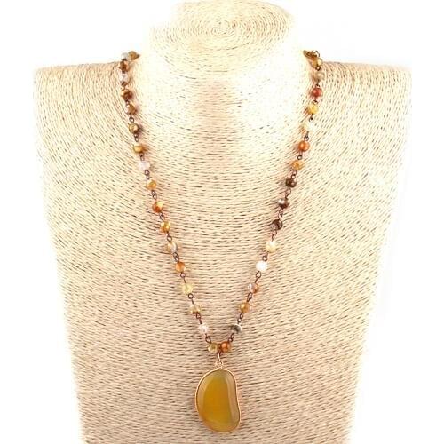 Free Shipping Fashion Bohemian Tribal Jewelry 6mm Semi Precious Stones Rosary Chain Yelloy Pendan Necklace Women Ethnic Necklace