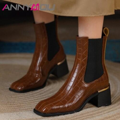 ANNYMOLI Genuine Leather Ankle Boots Winter Women Shoes High Thick Heel Boot Square Toe Cow Leather Boots Brown Size 2021 Size 9