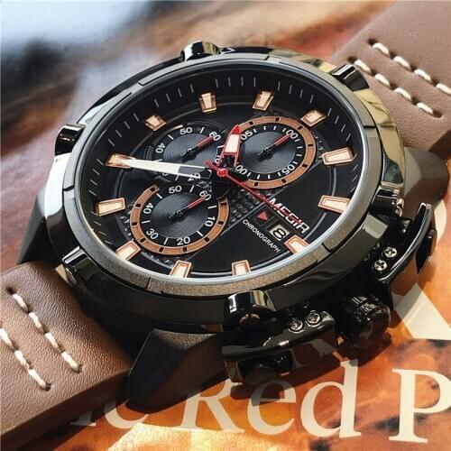 MEGIR Men Quartz Watch Mens Fashion Sport Watches Man Military Waterproof Leather Strap Analog Clock Relogio Masculino