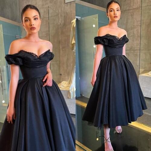 2022 Black Cocktail Dresses Off the Shoulder Lace Satin Tea Length A Line Prom Dress Custom Made Formal Evening Gowns