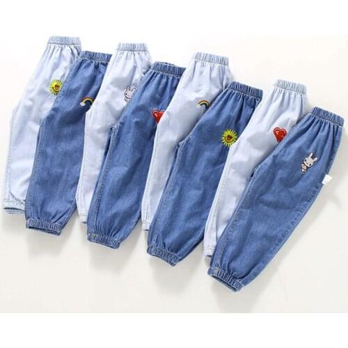 Baby Girl Jeans Cartoon Print Jeans Boys Girls Pants Elastic Waist Childrens Fashion Four Seasons Kids Ripped Holes Trousers