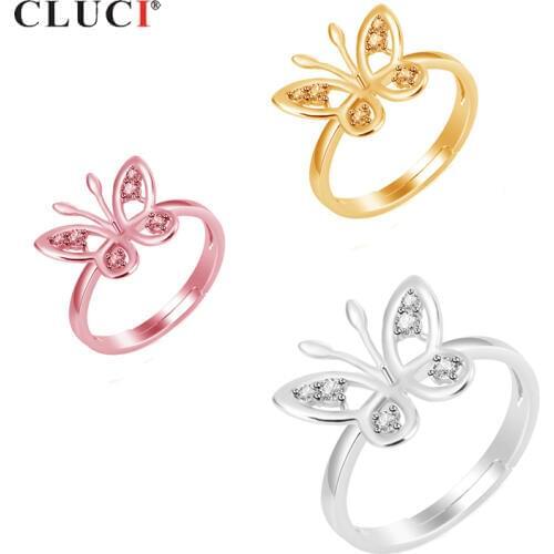 CLUCI Silver 925 Butterfly Rings Jewelry Women Pearl Ring Mounting 925 Sterling Silver Zircon Rings Adjustable Ring SR2182SB