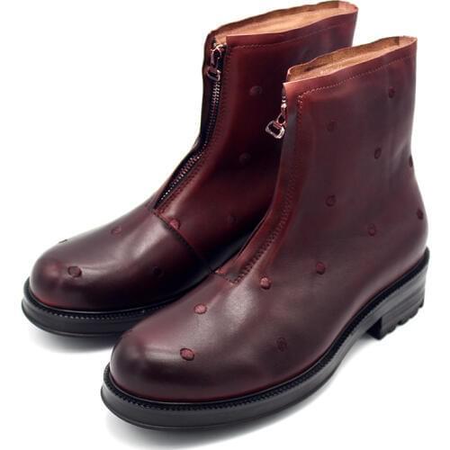 England Style Zipper Thick Platform Round Toe Cowboy Boots Men Winter Fashion Embroidery Genuine Leather Ankle Boots Wine Red