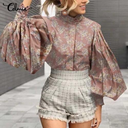 Fashion Lantern Sleeve Blouses Celmia Women Casual Stand Collar Blouse Spring Floral Print Office Tunic Tops 2021 Streetwear