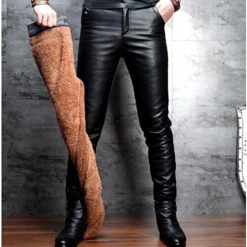 Plus velvet thick leather pants mens feet pants winter fashion motorcycle pu trousers for men personality pantalon homme black