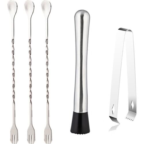 Five Pieces Cocktail Tools Set with Wine Mixing Stick Ice Breaking Hammer Ice Tongs for Home and Pub Wine Tasting