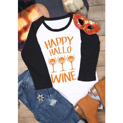 New arrival Halloween Happy Hallo Wine pumpkin graphic T-Shirt autumn unisex fashion Three-Quarter tees tumblr party style tops