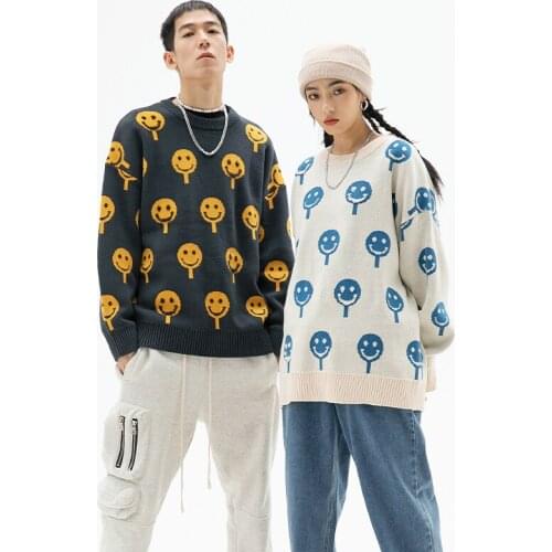 New Arrival Chaopai Street Bf Wind Popsicle Smiling Face Towel Embroidered Cute Sweater O-Neck Student Loose Casual Garment