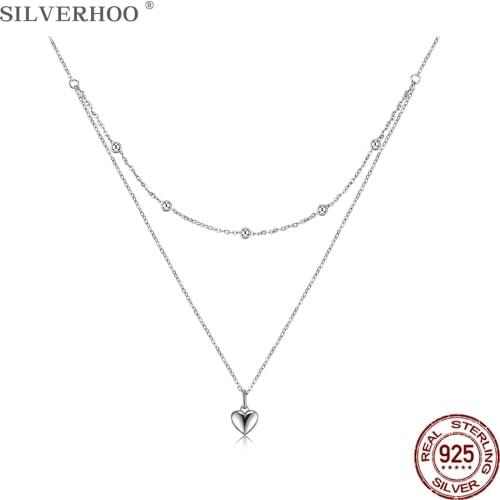 SILVERHOO 925 Sterling Silver Necklace For Women Round Bead Love Heart Valentines Day Girls Gifts High Quality Fine Jewelry