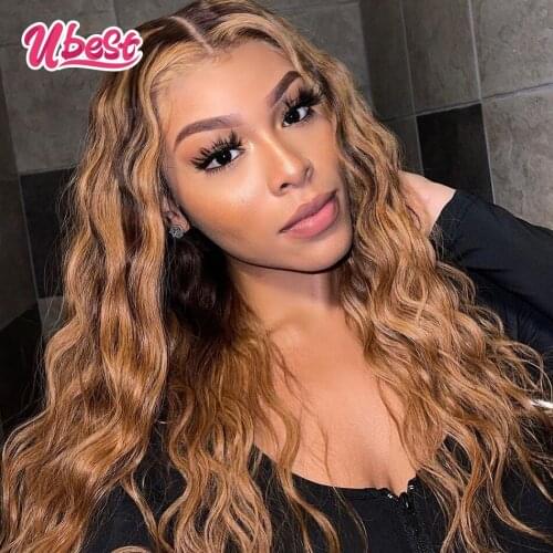 Ubest Highlight 4 27 Lace Front Wig Nature Deep Wave Peruvian Virgin Lace Frontal Wigs 30 " Human Hair Transparent for Women