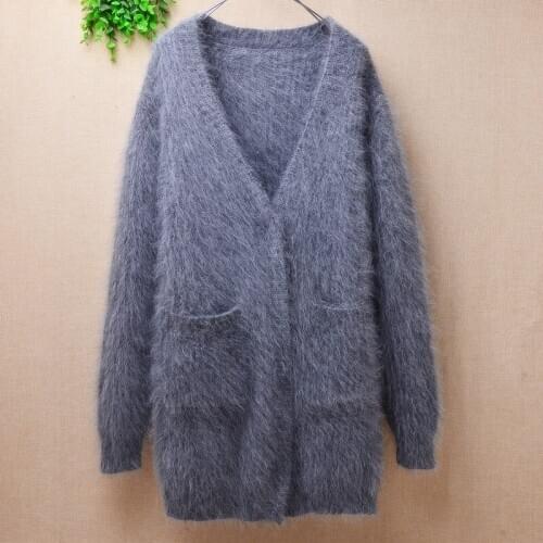 Heavy thick warm female women hairy fluffy angora rabbit fur knitted striped v-neck loose cardigans mink cashmere jacket coat
