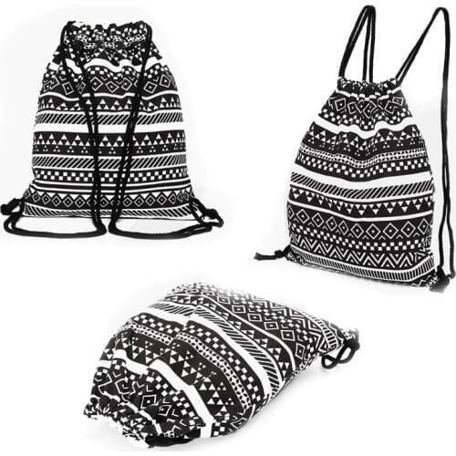 Newly Fashion Pumping Rope Backpack Ethnic Style Digital Printing Lady Bundle Mouth Package Double Shoulder Bag Sports