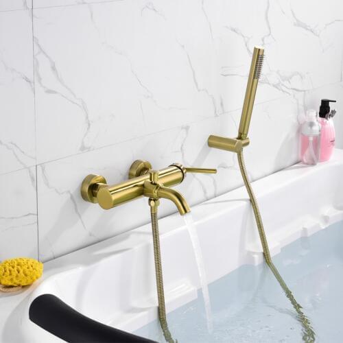 Solid Brass Brushed Gold Bathtub Faucet Wall Mounted Bathroom Shower Faucet Handheld Shower Hot and Cold Bath Mixer