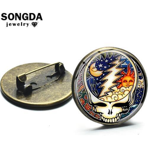 SONGDA Punk Rock Grateful Dead Brooches Ancient Bronze Color Personality Logo Glass Art Round Metal Lapel Pins Vintage Icon Gift