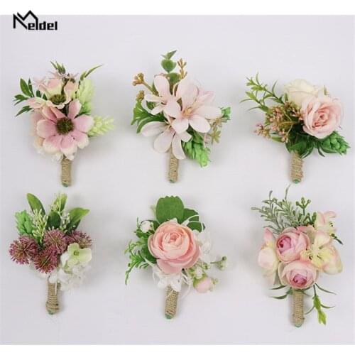 Meldel Boutonnieres for Groomsmen Bride Wrist Corsage Bracelet Groom Boutonniere Pink Rose Orchid Pompon Wedding Planner Flower