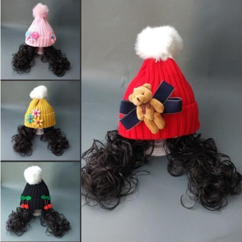 Warm Winter Baby Hat with Pompom Ball Baby Girls Infant Wool Caps with Wig Winter Autumn Head Supplies