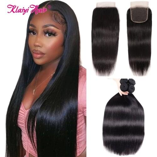 Klaiyi Straight Hair Bundles With Closure Brazilian Remy Human Hair Extension Weave Bundles With 4x4 Lace Closure Natural Black