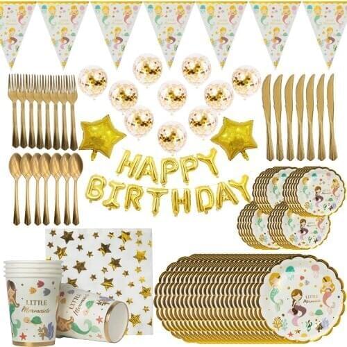 Kids Birthday Party Decorations Kids Mermaid Party Plates Cups Napkins Banner Flags Gold Straws Mermaid Birthday Party Supplies