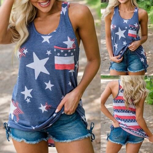 Womens Sleeveless Blouse Vest Patriotic Stripes Star American Flag Print Tank Top Summer Clothes Top mujer Woman Clothing