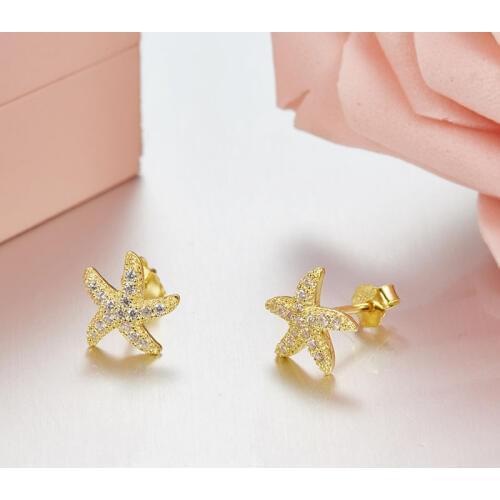 SLJELY Fashion 925 Sterling Silver 3 Gold Colors Lucky Cute Small Starfish Stud Earrings Micro Zircon Women Brand Design Jewelry