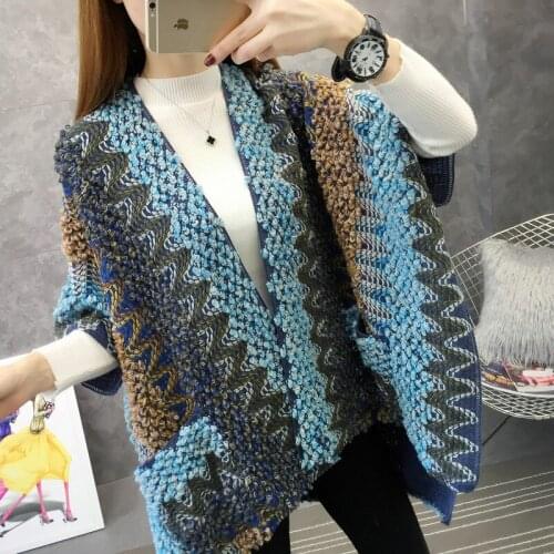 Women Sweater Patchwork Knitted Sweater Fashion Batwing Sleeve Knitted Cardigan Loose Cardigan Coat Autumn Winter 2021