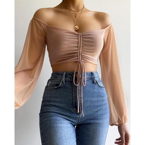 Autumn Women Plain Drawstring Crop Top 2021 Femme Off Shoulder Ruched Sheer Lantern Sleeve Tunics Office Lady Outfits traf