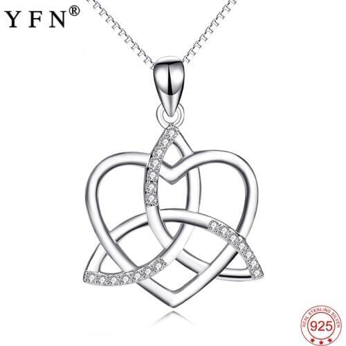 YFN 100% 925 Sterling Silver Necklaces Crystal Zircorn Lucky Knot Love Heart Pendant For Women Fine Necklace Jewelry Girls Gift