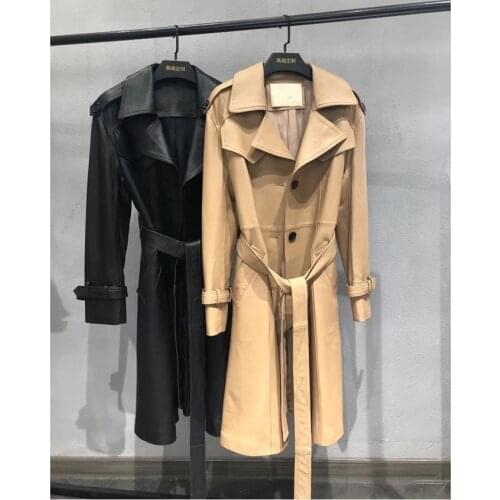 Women Coat Natural 100% Sheepskin Winter Fashion Sheepskin Genuine Leather Long Windcoat Female Outwear Belt Decoration H916