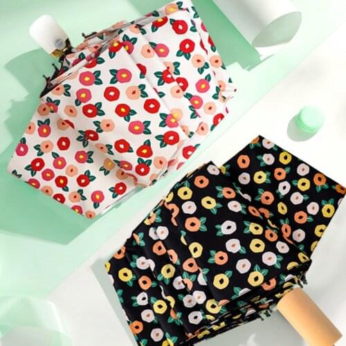 Sunny and Rainy Dual-use Small Fresh Floral Female Tri-fold Umbrella Black Glue Sunscreen Anti-ultraviolet