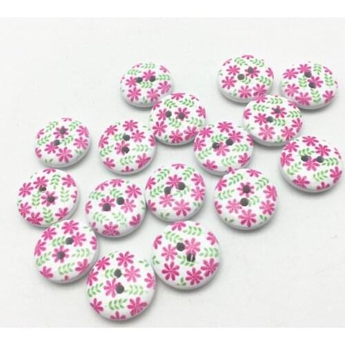 100pcs 15mm Pink Flowers Printed Round Wooden Buttons Scrapbooking Sewing Accessories 2 Holes DIY Button Crafts