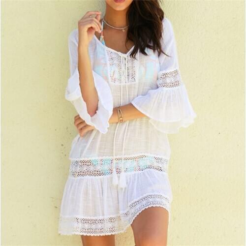 White Beach Cover Ups for Women Tunic Knitted Sarong Dress Swim Wear Long Sleeve Bikini Cover-ups 2021 Summer Beachwear Woman Up